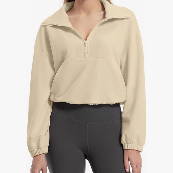 Quarter Zip Pullover Women Cropped Sweatshirt Long Sleeve w/Drawstring - Picture 6 of 7